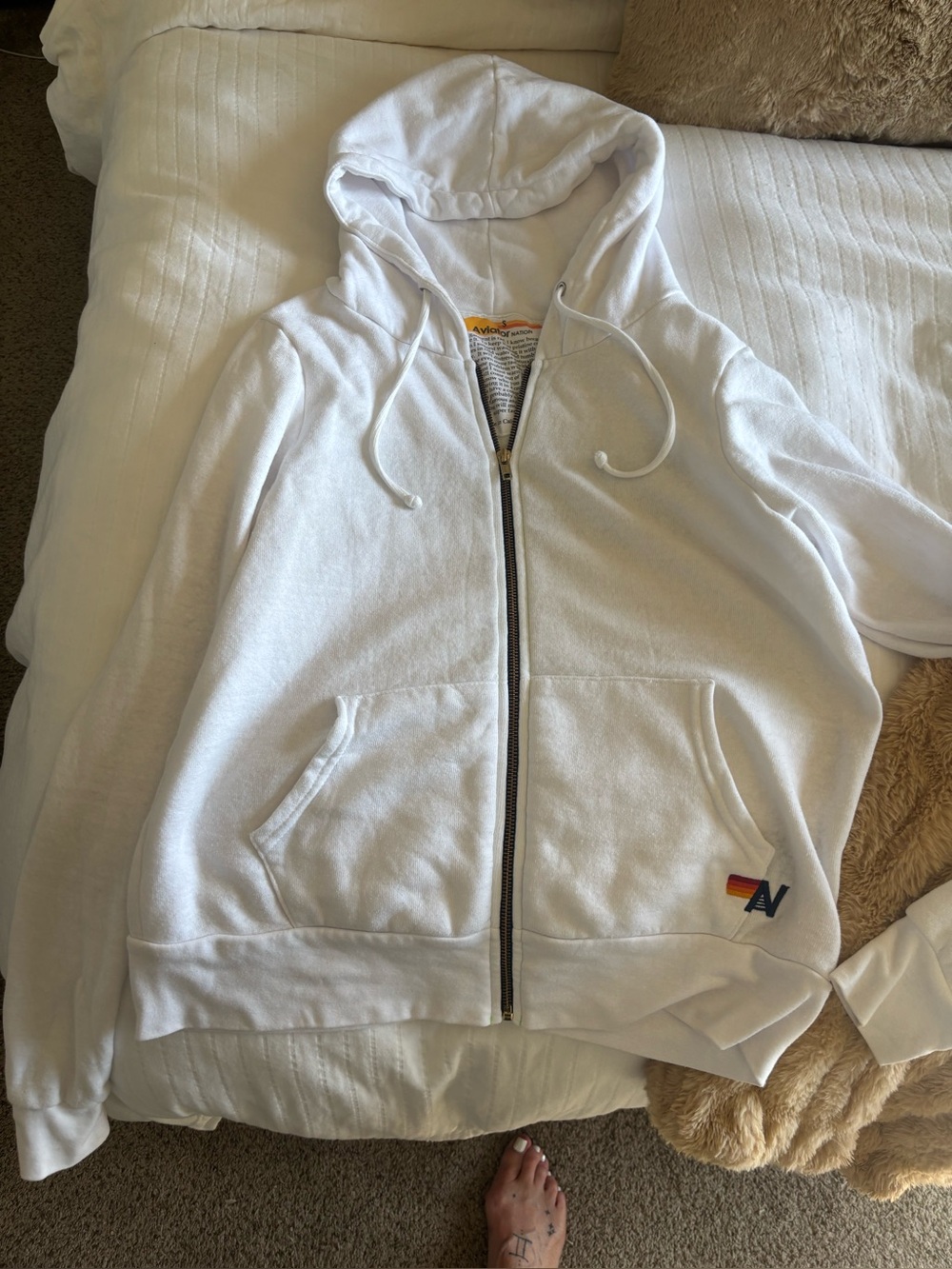 Aviator Nation White Full-Zip Hoodie with Small Rainbow Patch